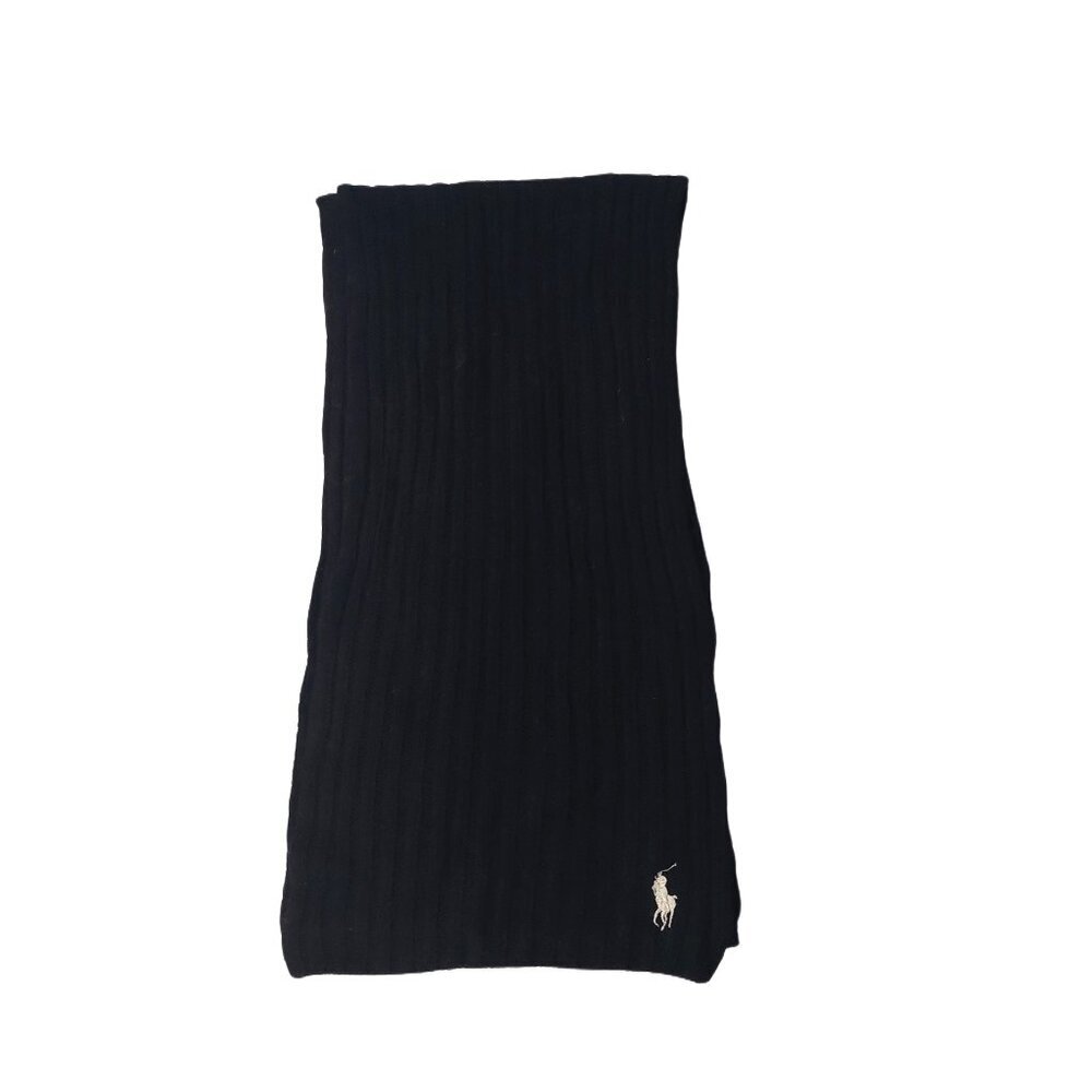 POLO Ralph Lauren 80s Vintage Black Ribbed Knit Scarf Embroidered Logo Scarves - Picture 2 of 7